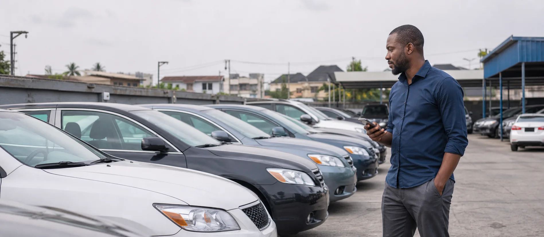 An independent car dealer reviewing vehicles in an organized dealership lot